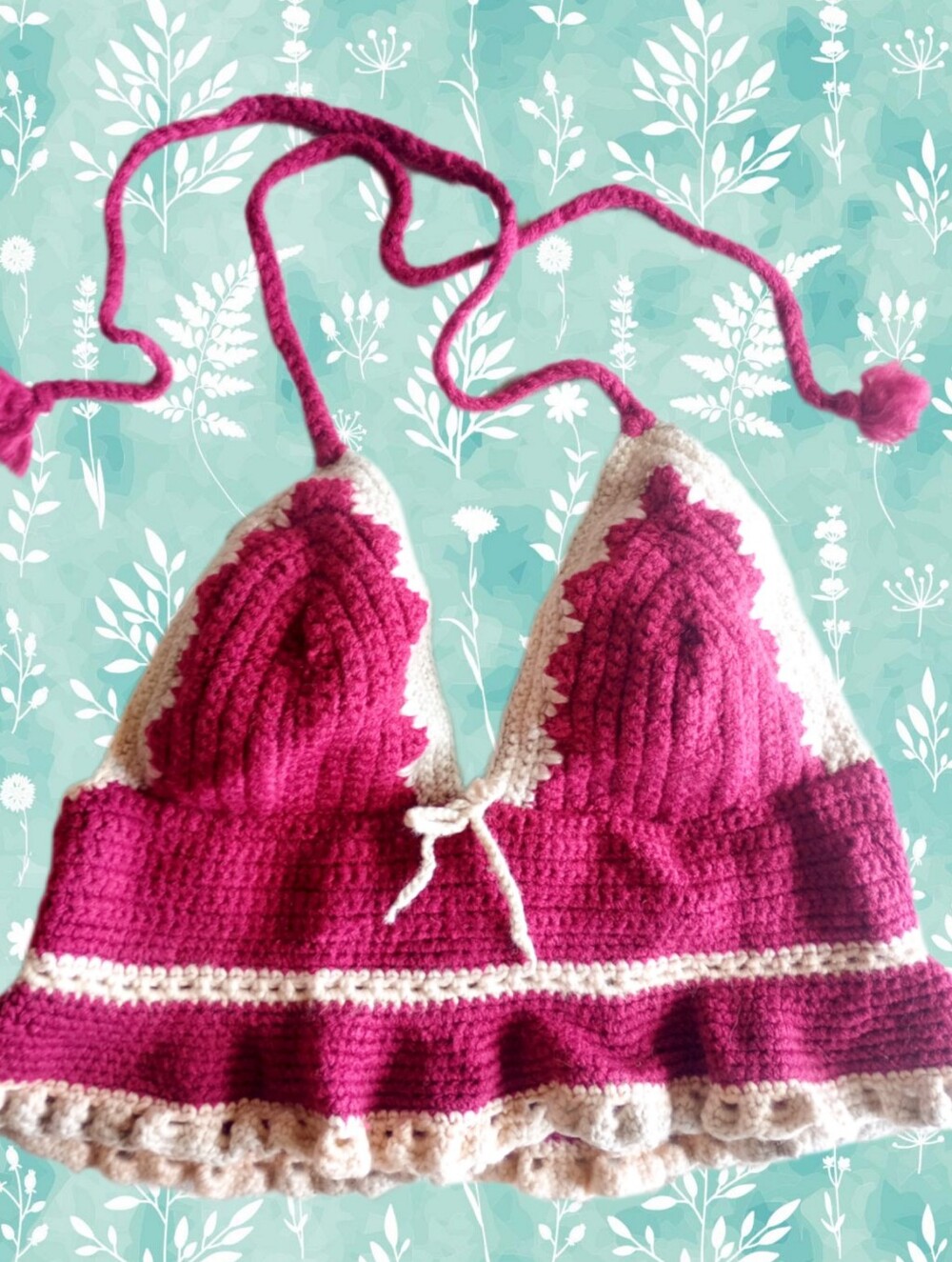 Women's Boho Maroon And Cream Babydoll Crochet Halter Crop Top Sz S Artisan Made
